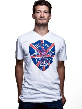 Copa Vintage White V-Neck Tee with Blue & Red Union Jack Heart Graphic